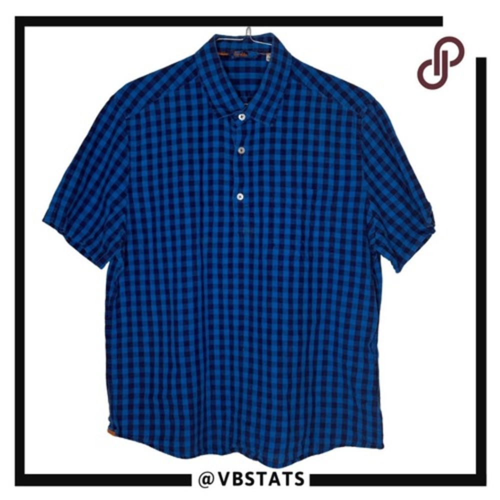 Boden Men's Check Lined Blend Quarter Button Short Sleeve Shirt Blue Size XL‎